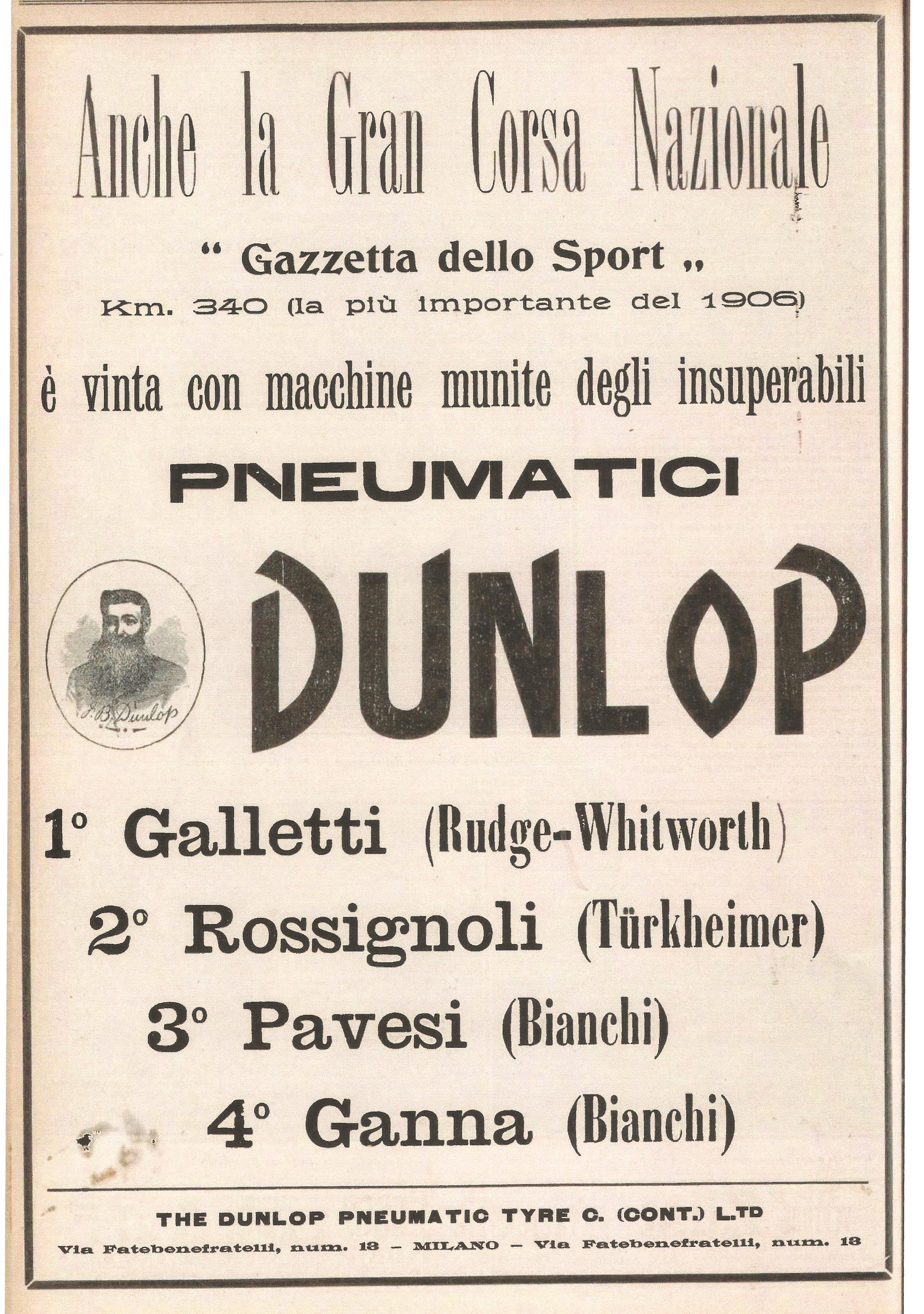 1906 - Inserzione pubblicitaria degli pneumatici Dunlop, adottati da “Galletti” nella Gran Corsa Nazionale.