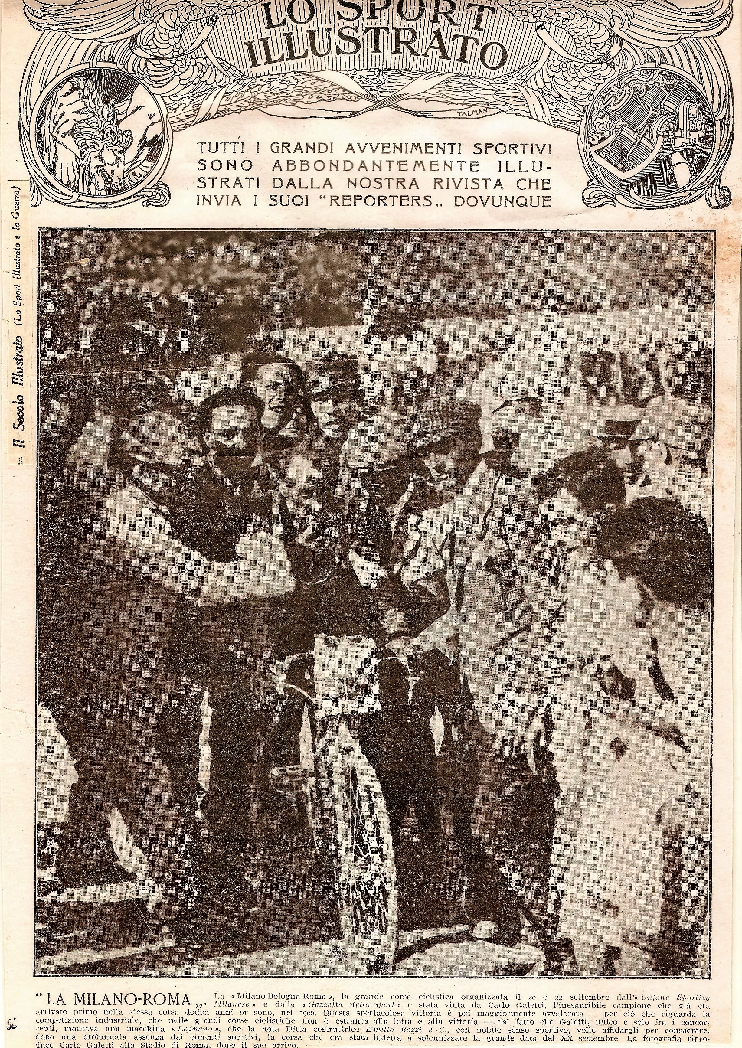 1918 - Carlo Galetti, vittorioso alla Milano-Roma, sulla copertina de Lo Sport Illustrato.