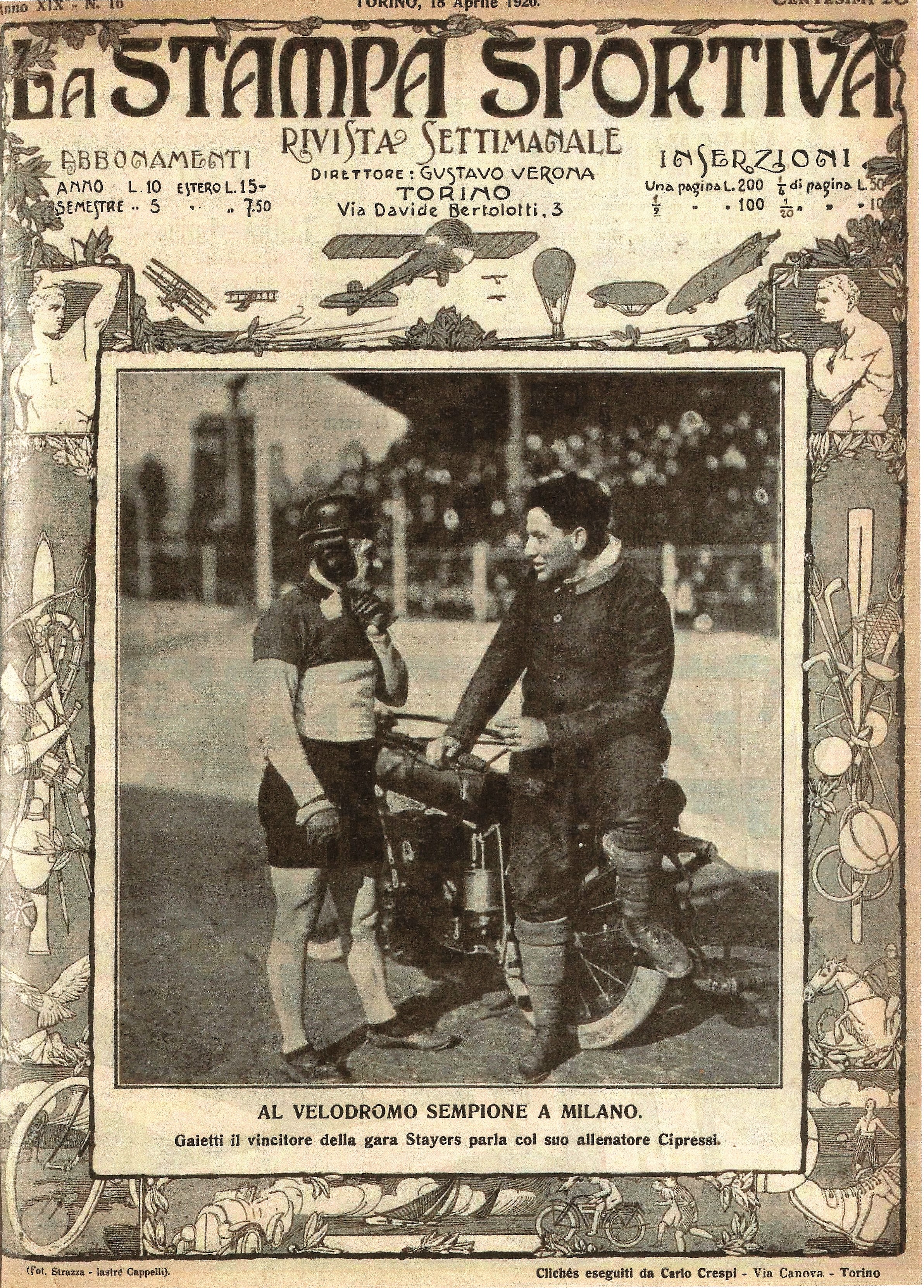 1920 - La prima pagina de La Stampa Sportiva del 18 aprile con Carlo Galetti in versione stayer.