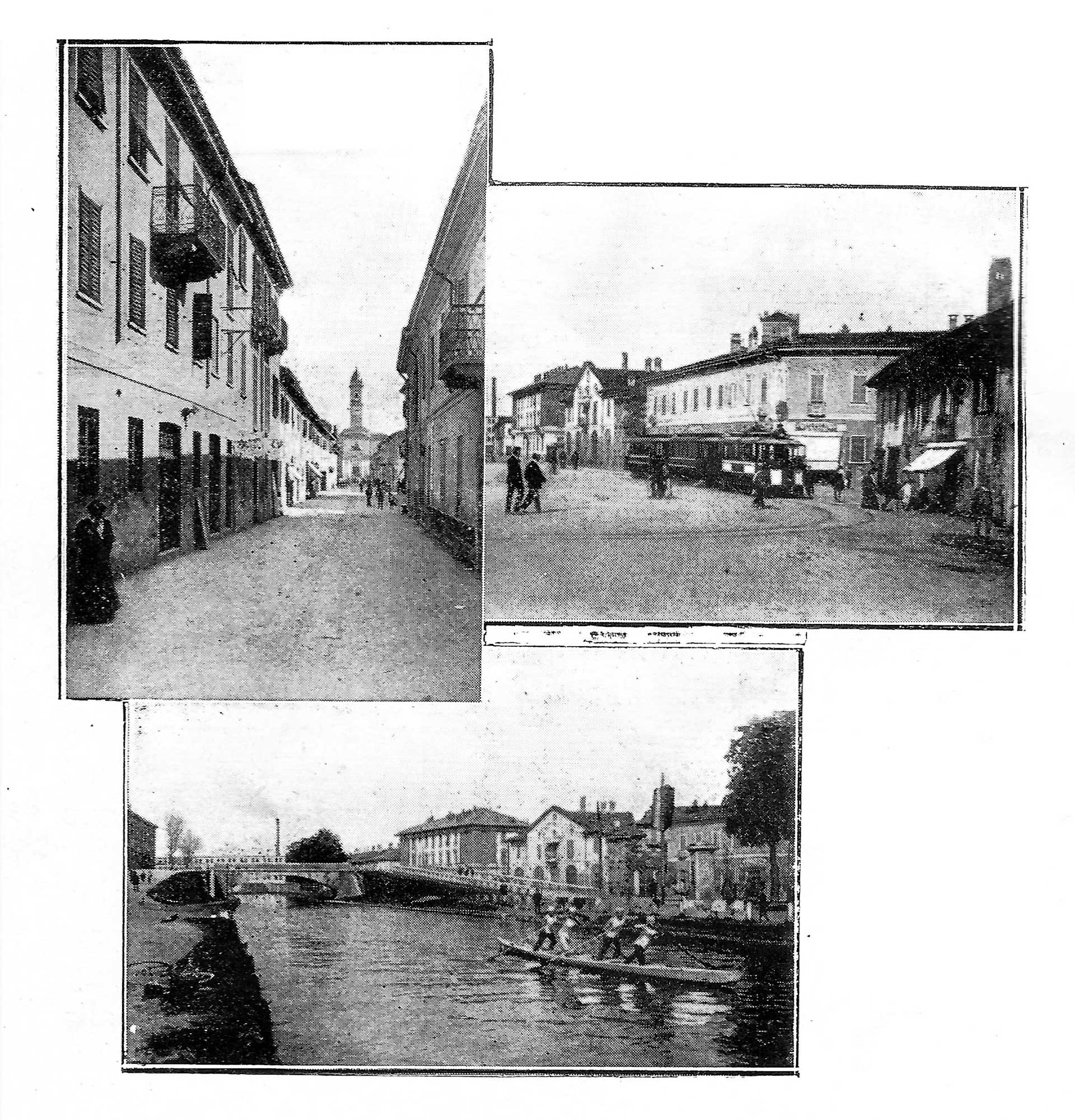 1911 - Corsico, il ridente sobborgo ove nacque Carlo Galetti. (In senso orario): La centrale via Cavour, la fermata del tram nella piazza del Ponte e il Ponte visto dalla strada alzaia (oggi via Trento e Trieste)